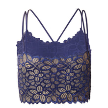 Load image into Gallery viewer, Deevaz Padded non-wired Floral Lace Crop Bralette in Royal Blue Colour with Cross strap detailing.