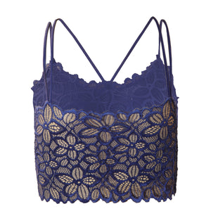 Deevaz Padded non-wired Floral Lace Crop Bralette in Royal Blue Colour with Cross strap detailing.