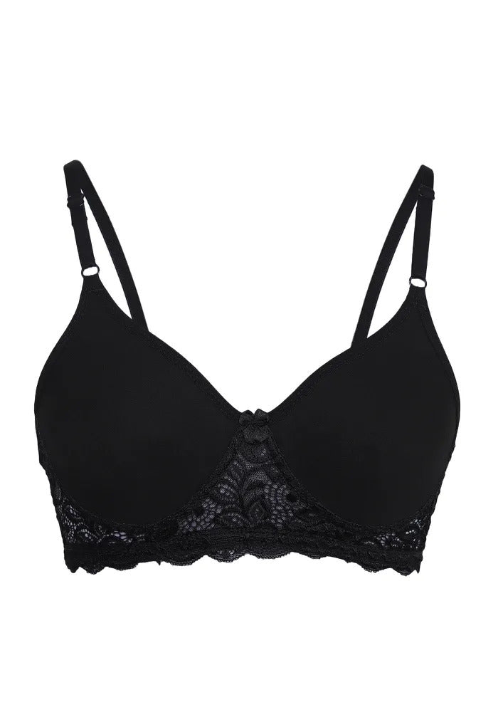 Deevaz Black Colour Spacer Cup Light-Padded Non-Wired Full Coverage Lace Bra