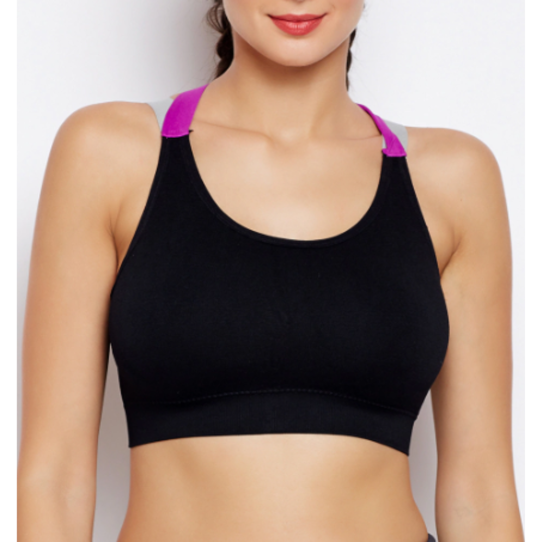 Deevaz Medium Impact Padded Non-Wired Sports Bra In Black Colour With  Lavender Cross Back Strap Detailing.