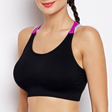 Load image into Gallery viewer, Deevaz Medium Impact Padded Non-Wired Sports Bra In Black Colour With Lavender Cross Back Strap Detailing.