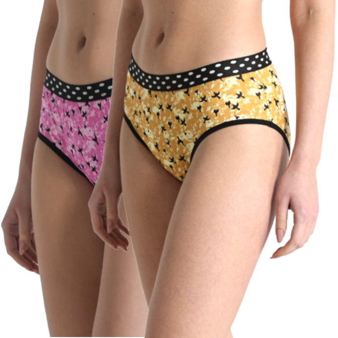 Deevaz Cotton Rich Mid Waist Bird Printed Hipster Panty Combo of 2 in Pink & Mud Yellow