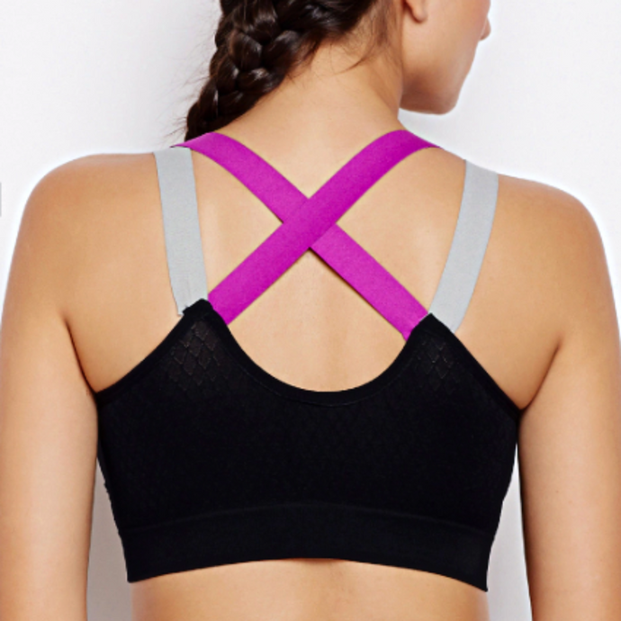Deevaz Medium Impact Padded Non-Wired Sports Bra In Black Colour With Lavender Cross Back Strap Detailing.