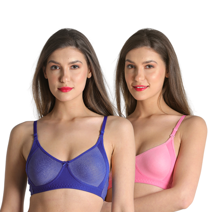 Deevaz Combo of 2 Cotton Rich Non-padded Denim Inspired Bra in Dual tone of Ultramarine Blue & Baby Pink Colour.