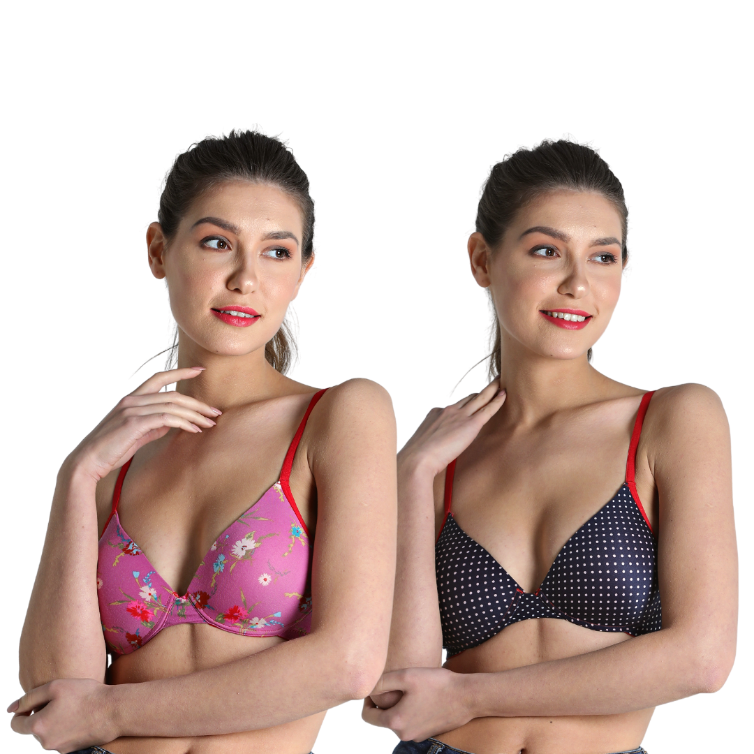 Deevaz Combo of 2 Padded Printed Non-Wired Push Up Bra in Blue
