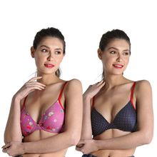 Load image into Gallery viewer, Deevaz Combo of 2 Padded Printed Non-Wired Push Up Bra in Blue Polka Dot &amp; Floral Pink