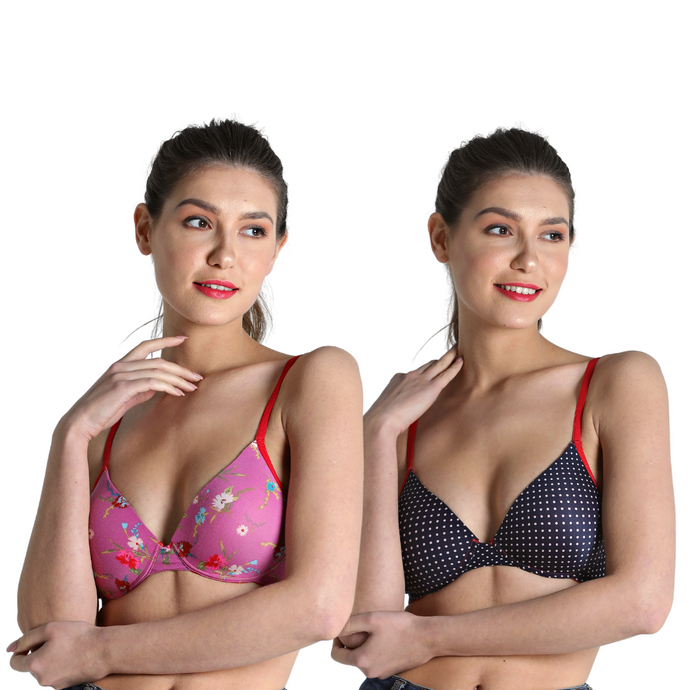 Deevaz Combo of 2 Padded Printed Non-Wired Push Up Bra in Blue Polka Dot & Floral Pink