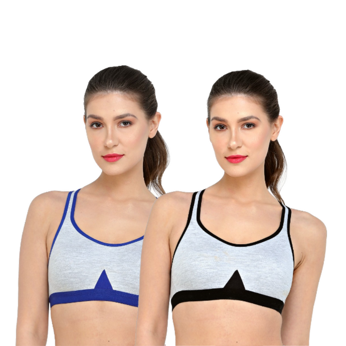 Deevaz Combo of 2 Non-Padded Cotton Rich cross back Sports Bra In Blue & Black Melange Colour Detailing.