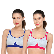 Load image into Gallery viewer, Deevaz Combo of 2 Non-Padded Cotton Rich cross back Sports Bra In Hot-pink &amp; Blue.