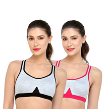 Load image into Gallery viewer, Deevaz Combo of 2 Non-Padded Cotton Rich cross back Sports Bra In Hot Pink &amp; Black Melange Colour Detailing.