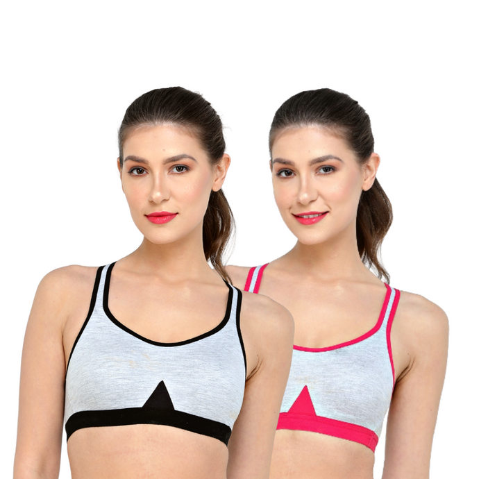 Deevaz Combo of 2 Non-Padded Cotton Rich cross back Sports Bra In Hot Pink & Black Melange Colour Detailing.