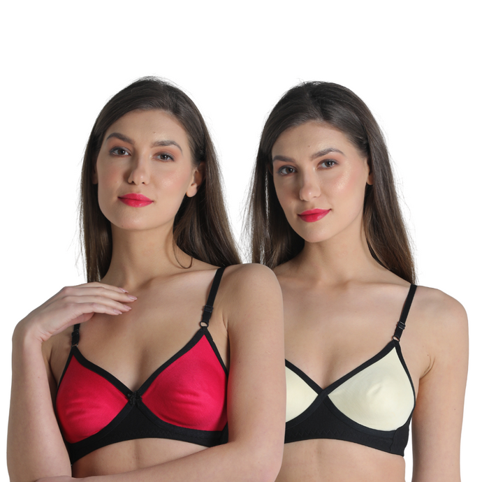 Deevaz Combo of 2 Non-Padded Cotton Dual Colour Comfy T-shirt Bra in Hot Pink - Skin Colour.