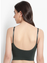 Load image into Gallery viewer, Deevaz Medium Impact Padded non-wired Sports Bra in Olive Green Colour with Adjustable strap detailing.