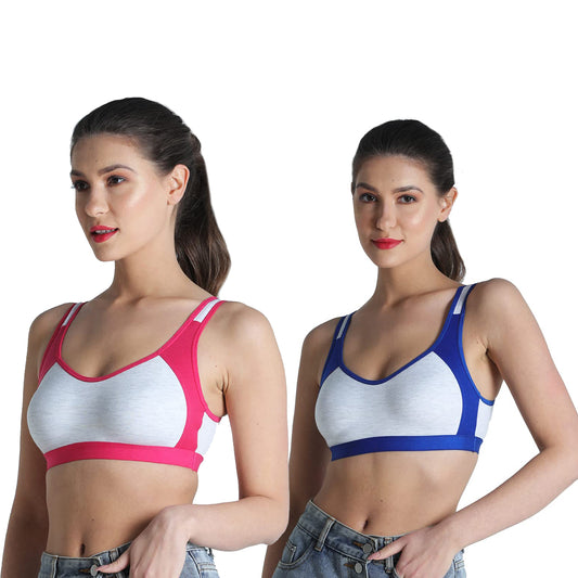 Deevaz Combo of 2 Non-Padded Cotton Rich Sports Bra In Fuchsia & Blue Melange Colour Detailing.