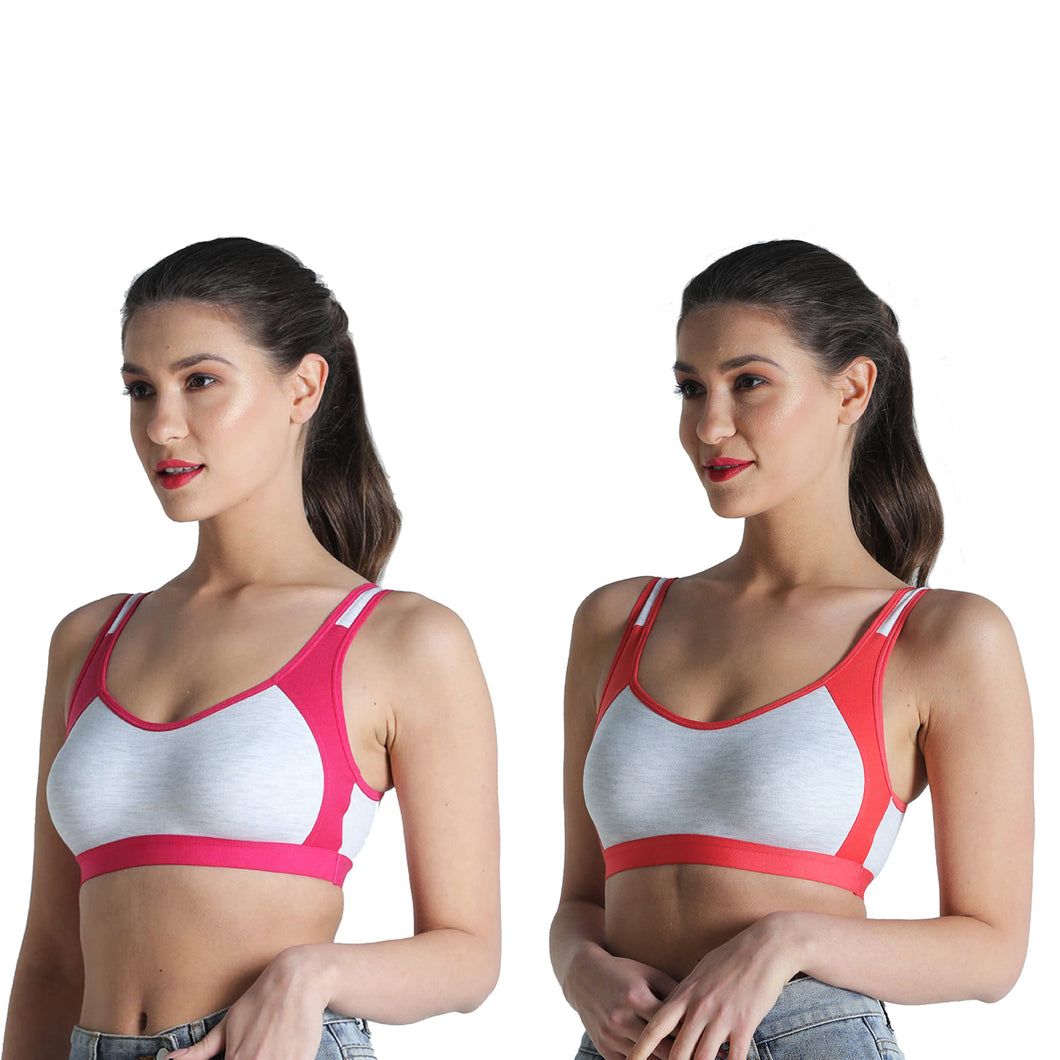 Deevaz Combo of 2 Non-Padded Cotton Rich Sports Bra In Fuchsia & Orange Melange Colour Detailing.