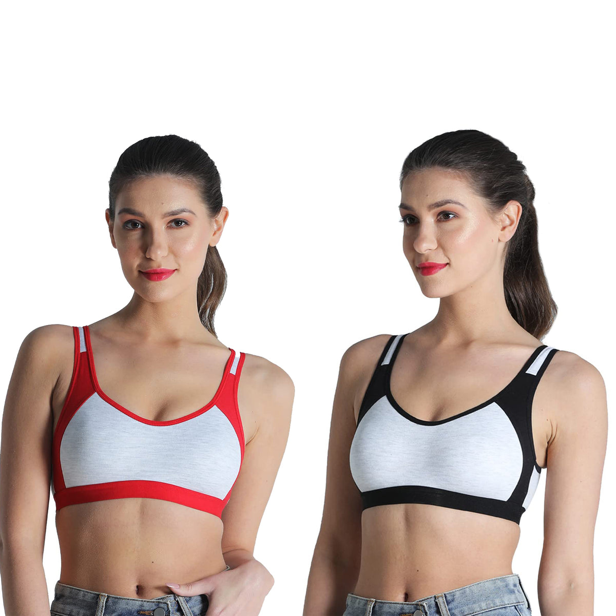 Deevaz Combo of 2 Non-Padded Cotton Rich Sports Bra In Red & Black Melange Colour Detailing.