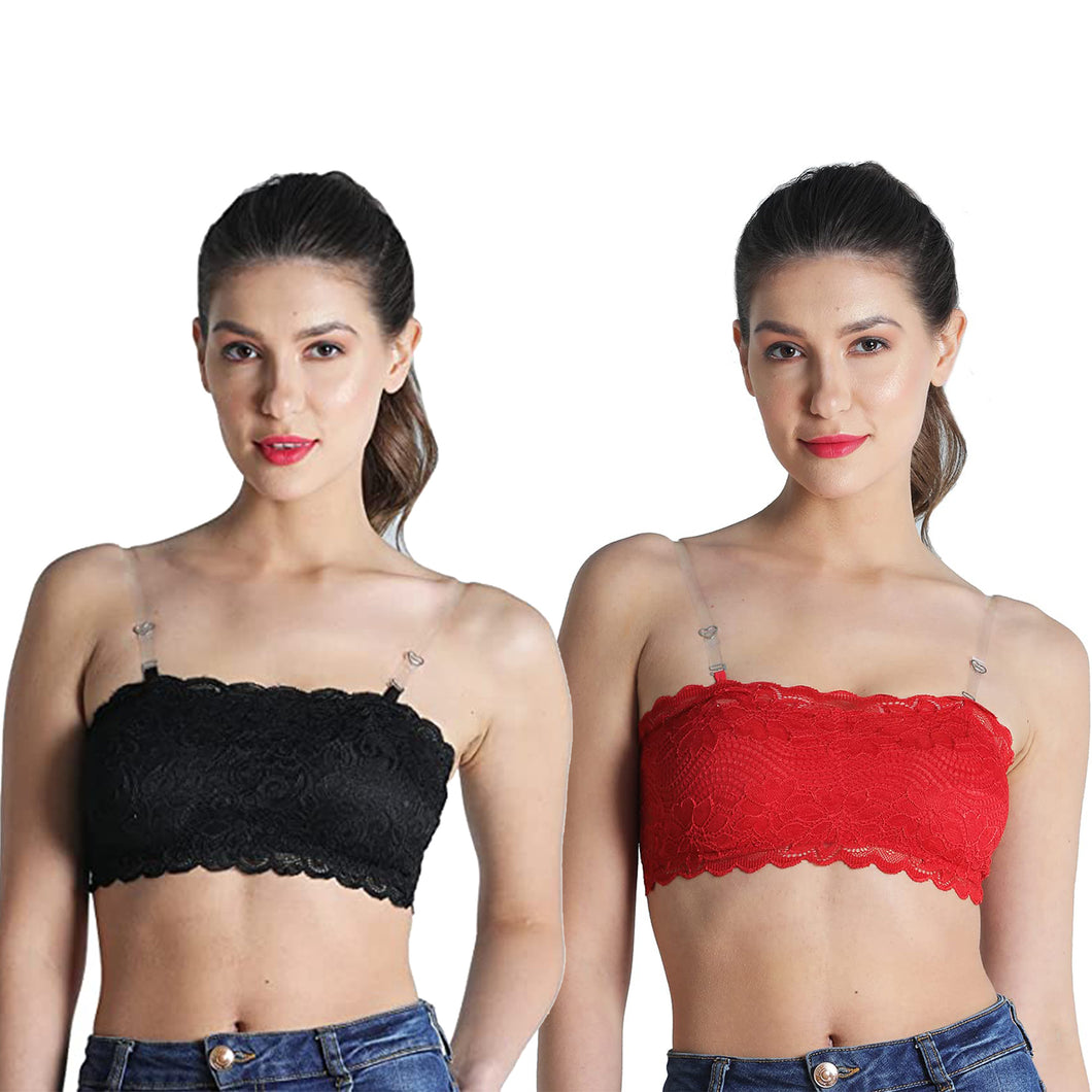 Deevaz Combo Of 2 Padded Tube Bra In Red & Black Poly-Lace Fabric With Removable Transparent Straps.