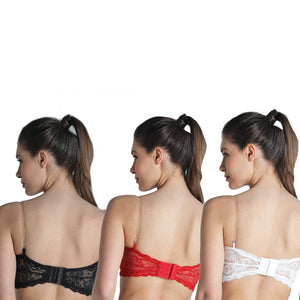 Deevaz Combo Of 3 Padded Tube Bra In Red, Black & White Poly-Lace Fabric With Removable Transparent Straps.