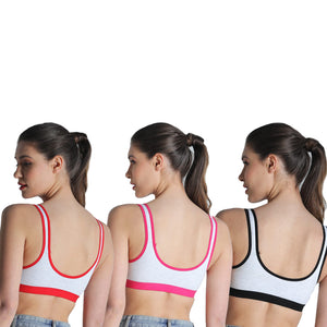 Deevaz Combo of 3 Non-Padded Cotton Rich Sports Bra In Red, Black & Fuchsia Melange Colour Detailing.