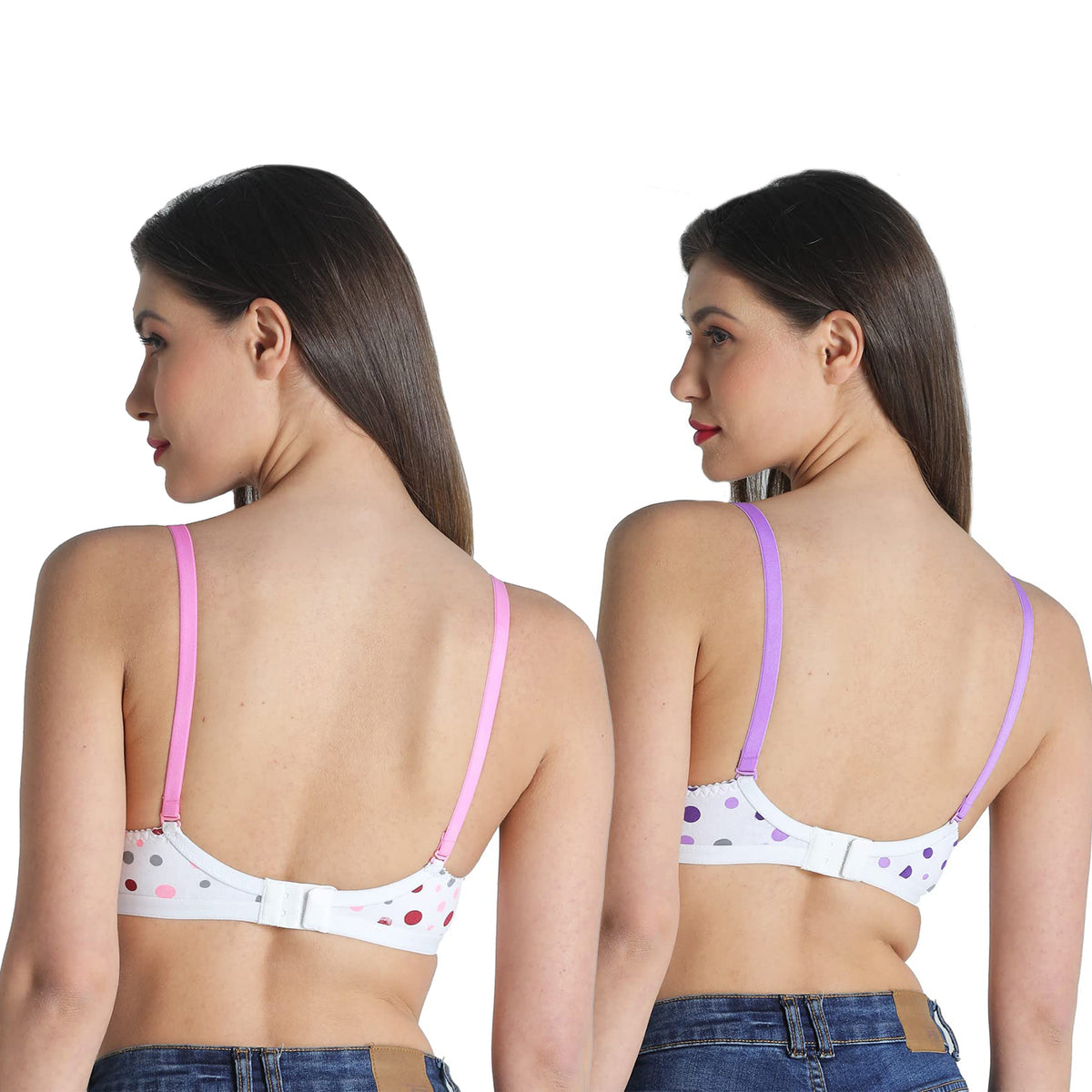 Deevaz Combo of 2 Everyday Non Padded Non-Wired Cotton Rich Bra In Printed Polka Dot Purple-Baby Pink Colour