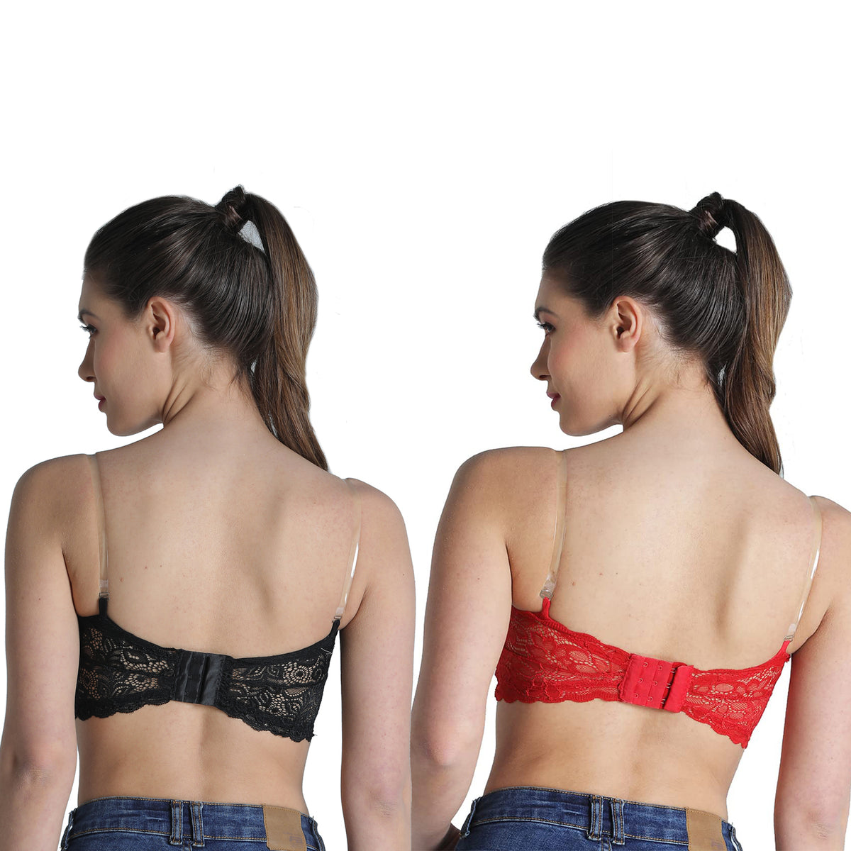 Deevaz Combo Of 2 Padded Tube Bra In Red & Black Poly-Lace Fabric With Removable Transparent Straps.