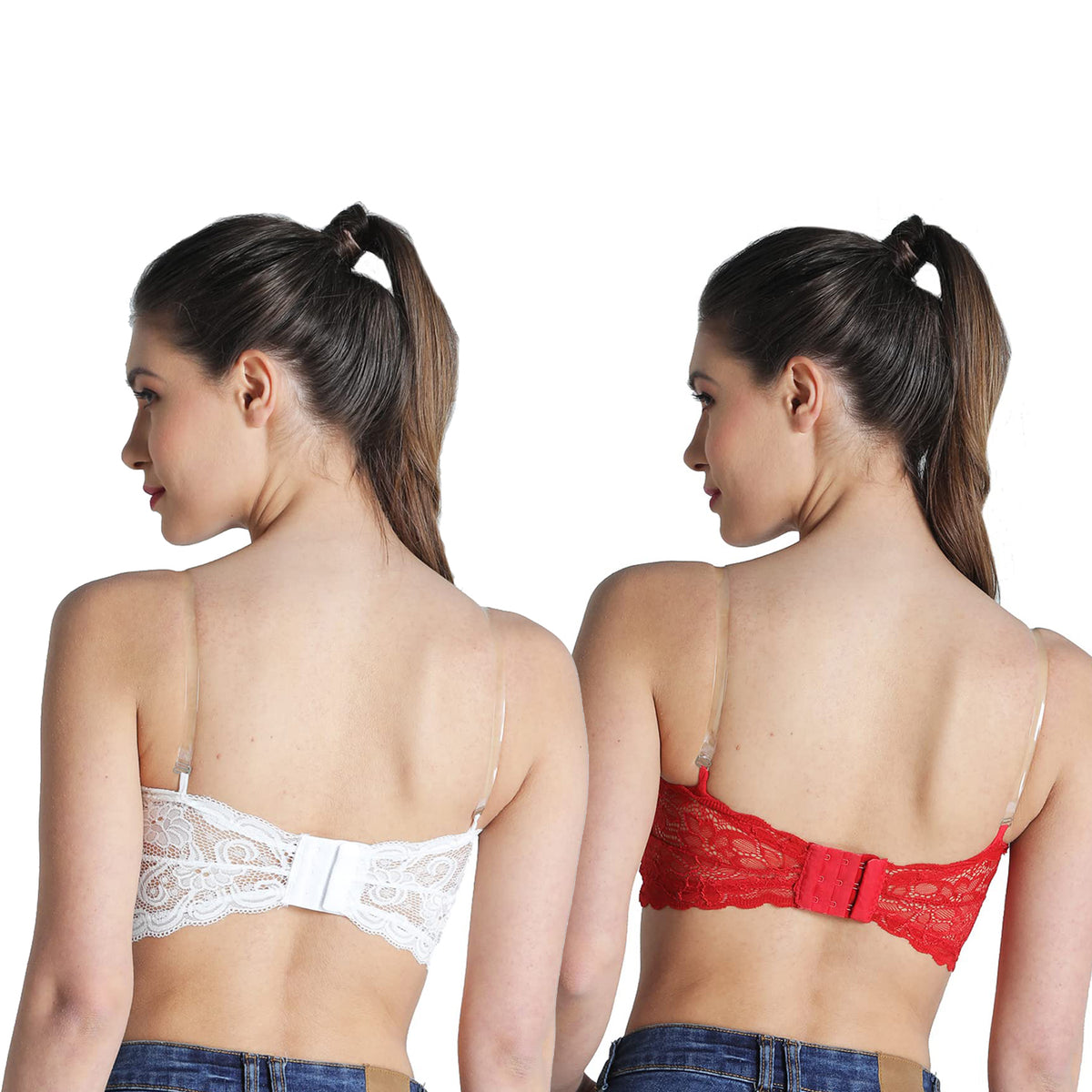 Deevaz Combo of 2 Padded Tube Bra In Red & White Poly-Lace Fabric With Removable Transparent Straps.