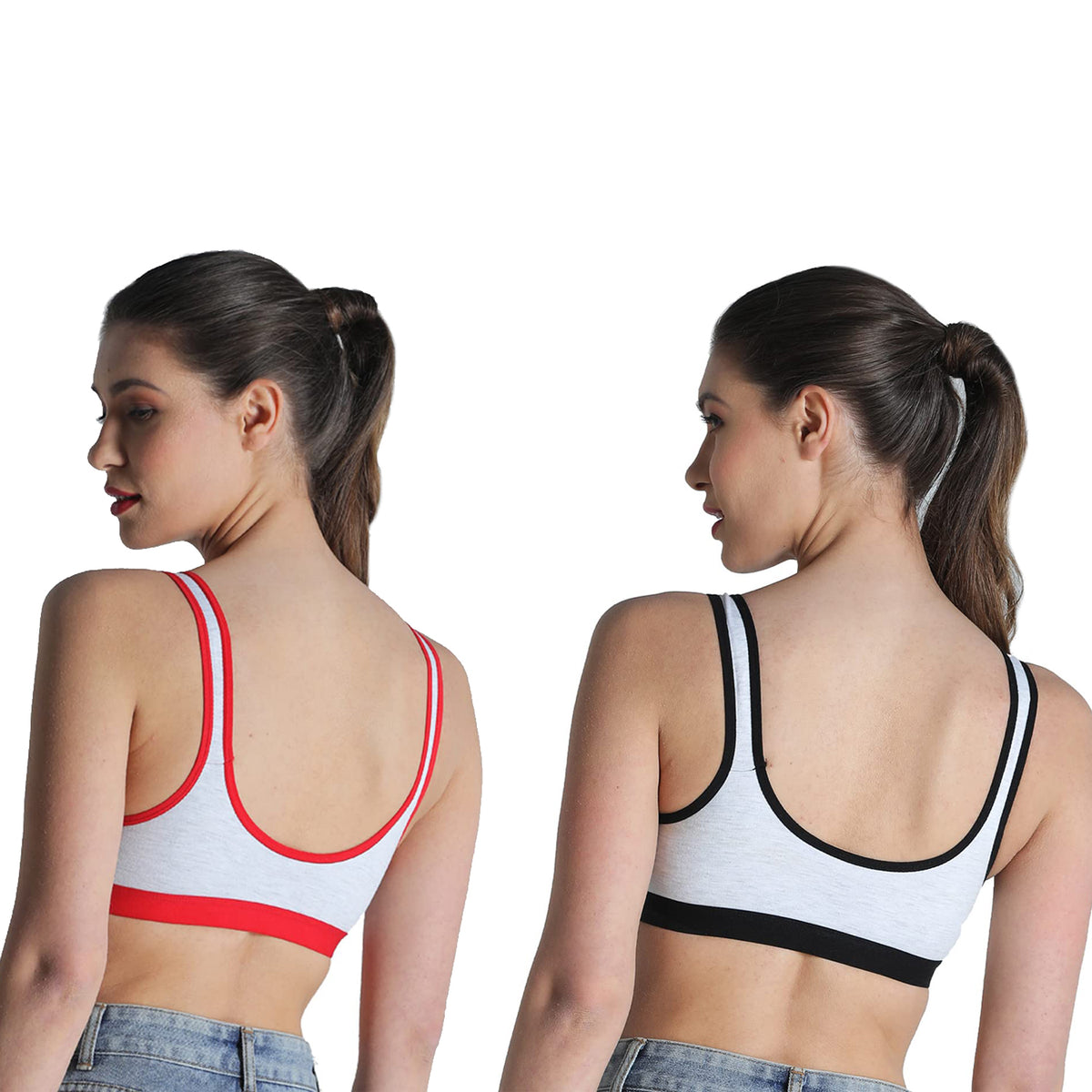Deevaz Combo of 2 Non-Padded Cotton Rich Sports Bra In Red & Black Melange Colour Detailing.