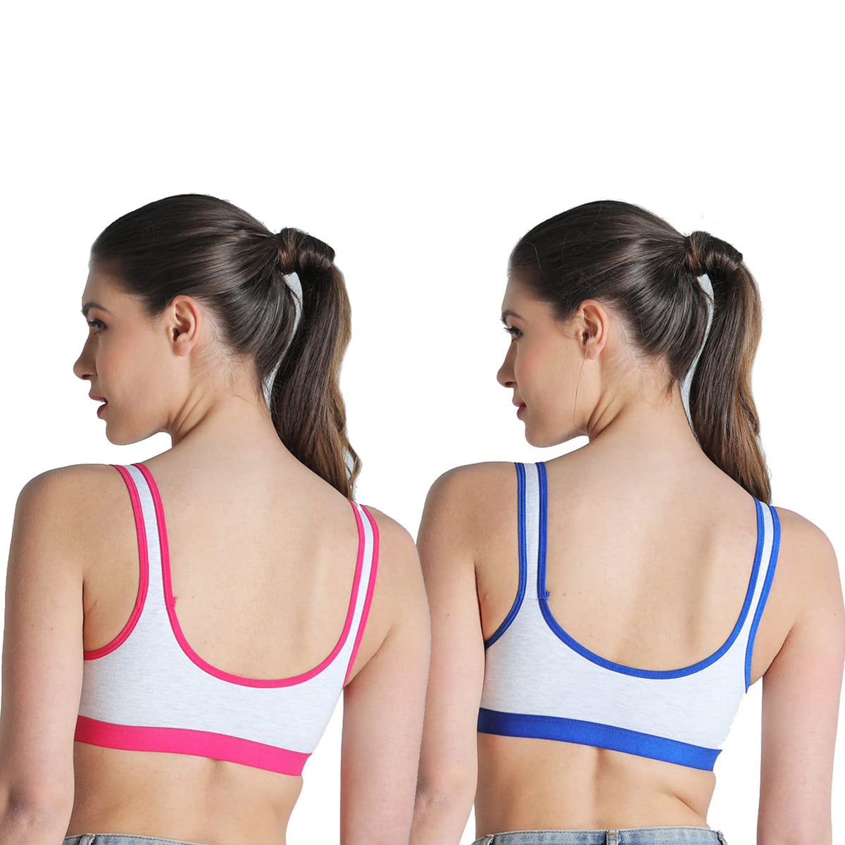 Deevaz Combo of 2 Non-Padded Cotton Rich Sports Bra In Fuchsia & Blue Melange Colour Detailing.