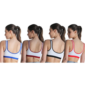 Deevaz Combo of 4 Non-Padded Cotton Rich Sports Bra In Blue, Black, Red & Burgundy Melange Colour Detailing.