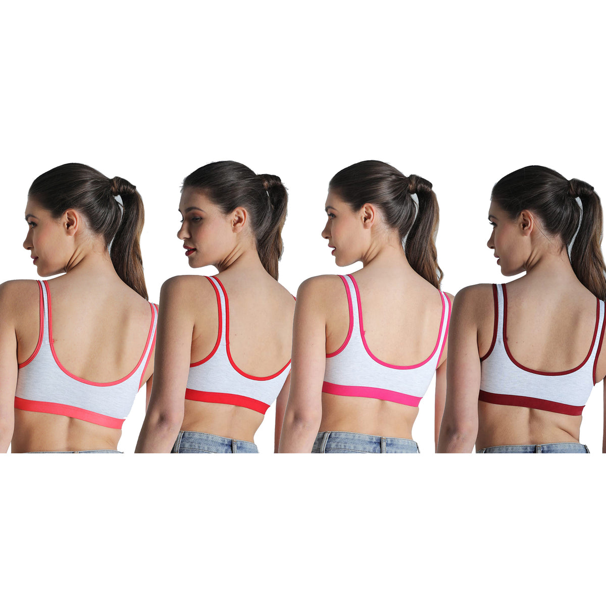 Deevaz Combo of 4 Non-Padded Cotton Rich Sports Bra In Red, Burgundy, Fuchsia & Orange Melange Colour Detailing.