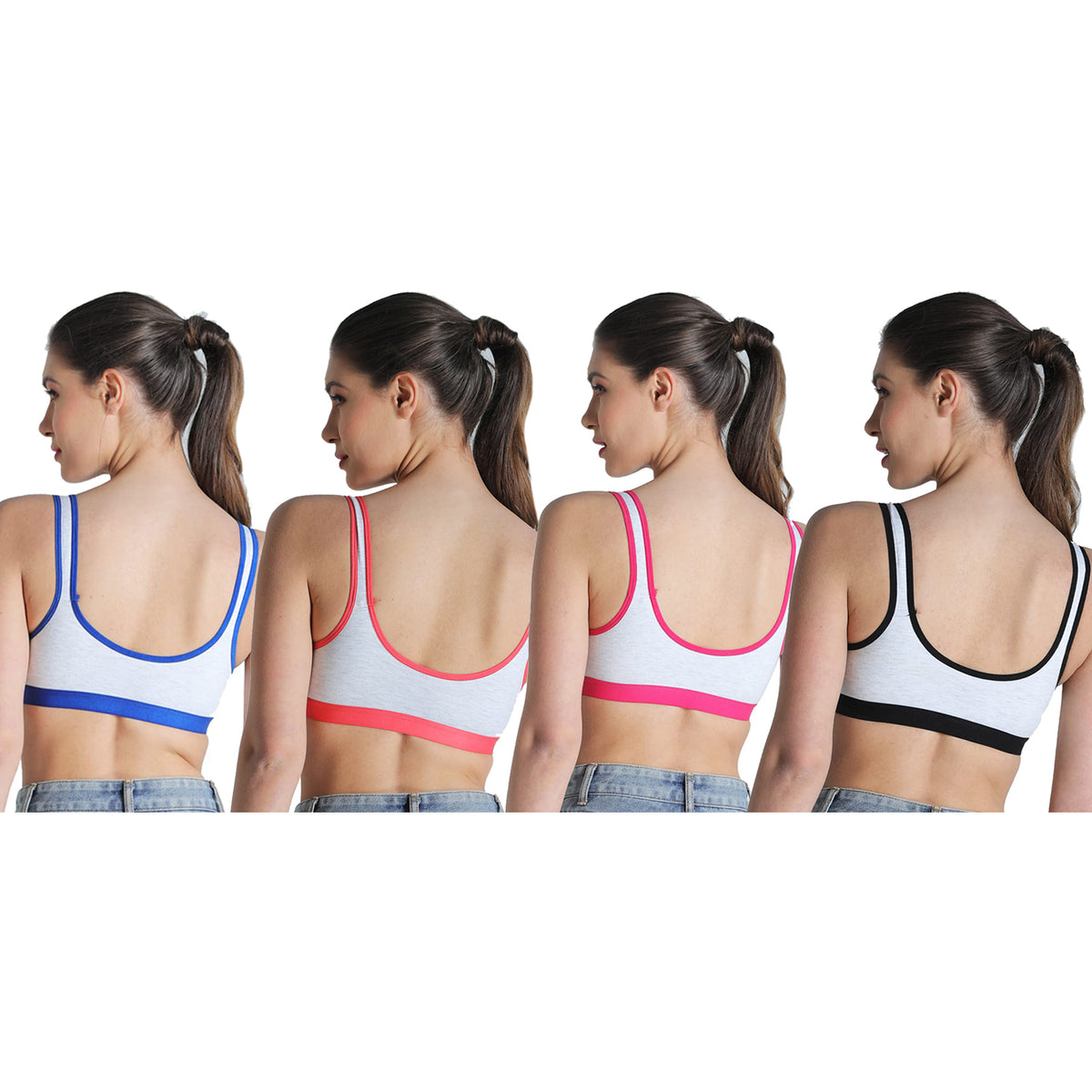 Deevaz Combo of 4 Non-Padded Cotton Rich Sports Bra In Blue, Black, Fuchsia & Orange Melange Colour Detailing.
