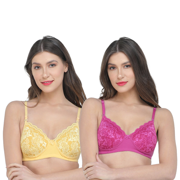 Deevaz Combo of 2 Non-Wired Padded Full Coverage Bra In Pink & Yellow Colour with lace detailing.