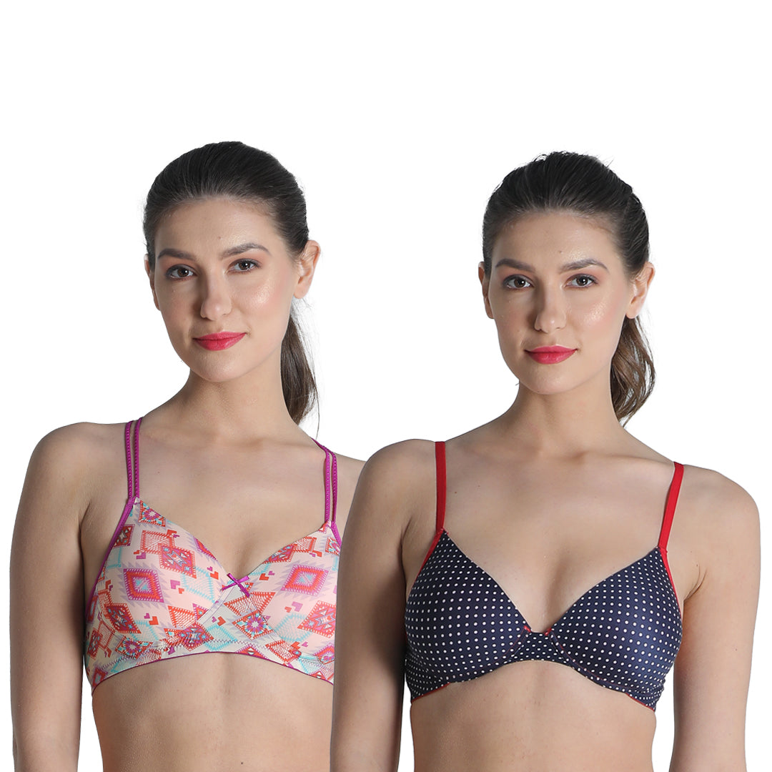 Deevaz Combo Of 2 Padded Printed Non-Wired Push Up Bra In Blue Polka Dot & Multicolour racer back.
