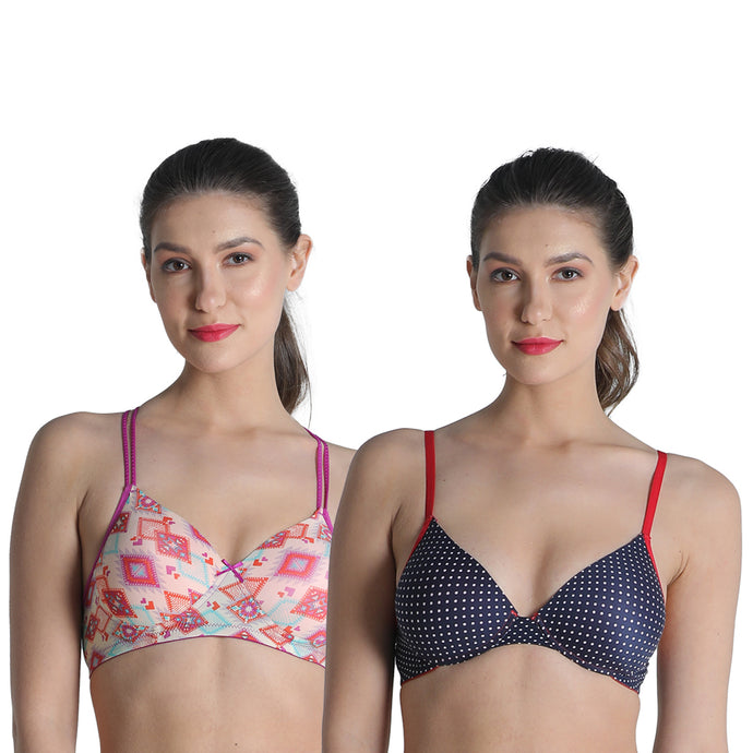 Deevaz Combo Of 2 Padded Printed Non-Wired Push Up Bra In Blue Polka Dot & Multicolour racer back.