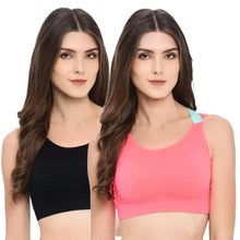 Load image into Gallery viewer, Deevaz Medium Impact Padded Non-Wired Sports Bra In Combo of 2 Carrot Pink &amp; Black Colour With Neon Cross Back Strap Detailing.