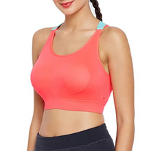 Load image into Gallery viewer, Deevaz Medium Impact Padded non-wired Sports Bra in Carrot Pink Colour with Neon Cross back strap detailing.