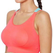 Load image into Gallery viewer, Deevaz Medium Impact Padded non-wired Sports Bra in Carrot Pink Colour with Neon Cross back strap detailing.