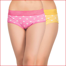 Load image into Gallery viewer, Deevaz Cotton Rich Printed Hipster High Rise Anti-Microbial Panty Combo of 2 in Pink &amp; Yellow Colour.