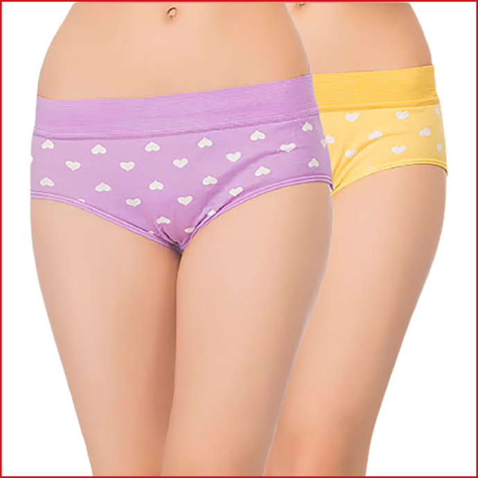 Deevaz Cotton Rich High Waist Heart Print Hipster Panty Combo of 2 in Yellow & Purple