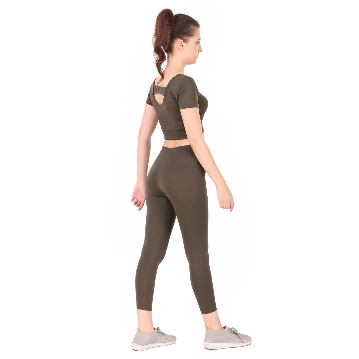 Deevaz Pair Of Comfort Fit Active Crop T-Shirt & Snug Fit Active Ankle-Length Tights In Olive Green Colour