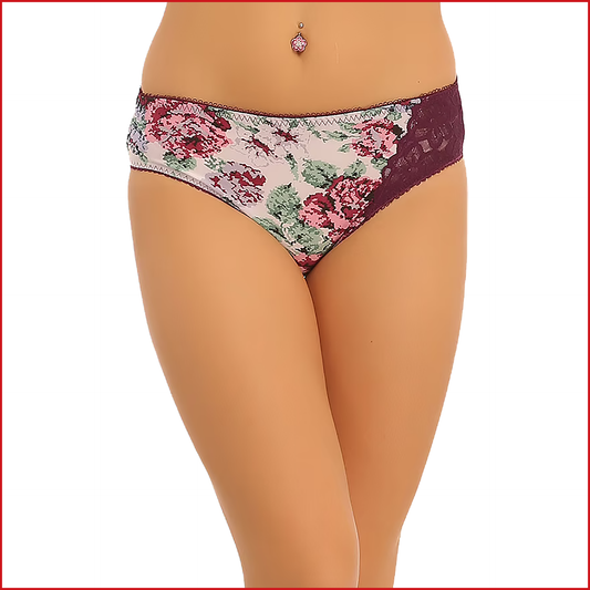 Deevaz Mid Waist Printed Bikini Panty With One Side Lace Panel in - Purple