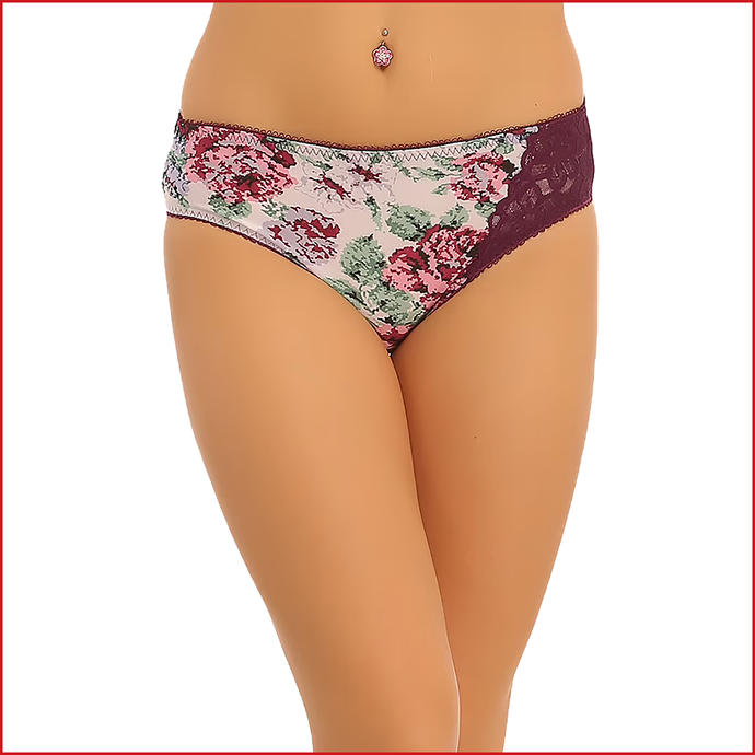Deevaz Mid Waist Printed Bikini Panty With One Side Lace Panel in - Purple