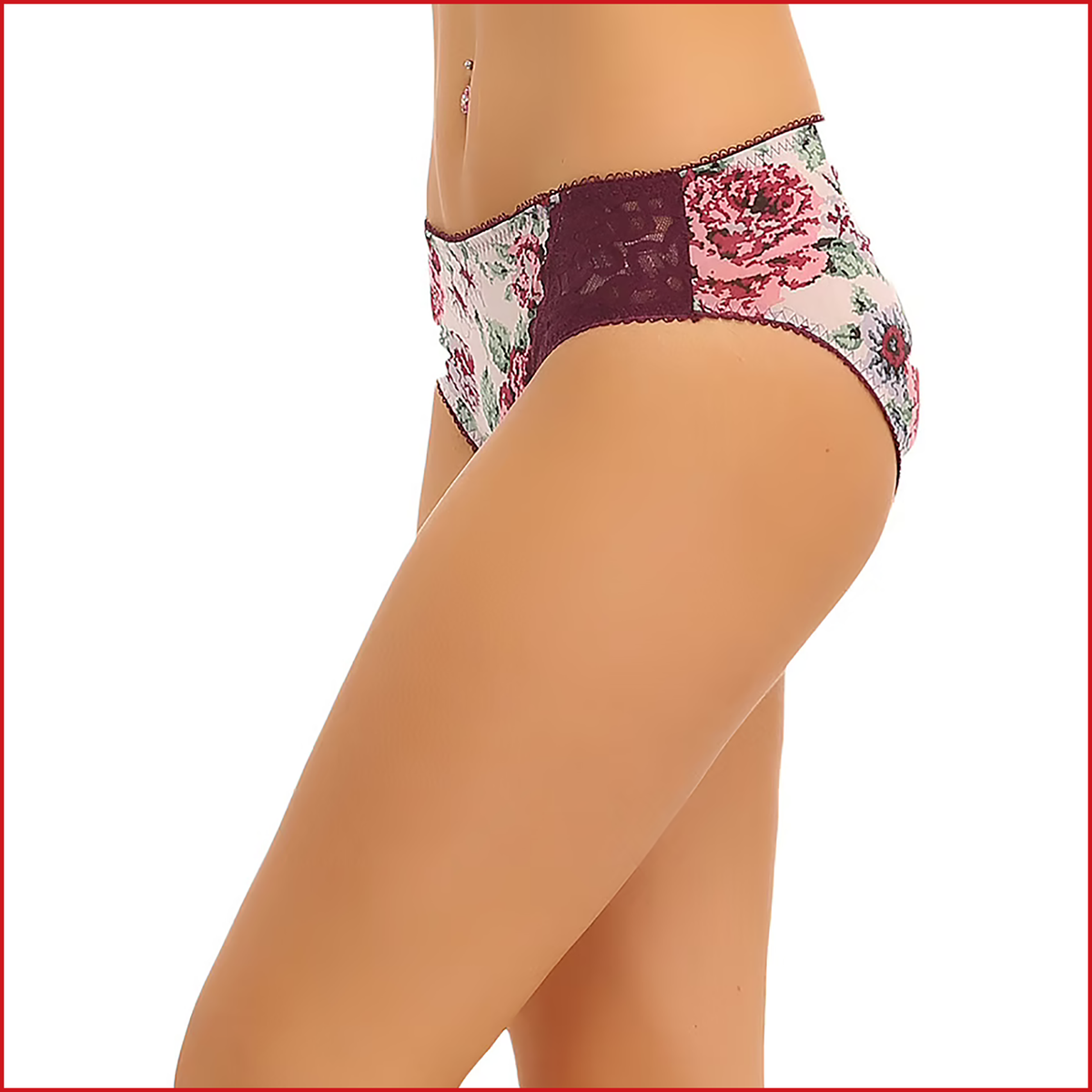 Deevaz Mid Waist Printed Bikini Panty With One Side Lace Panel in - Purple