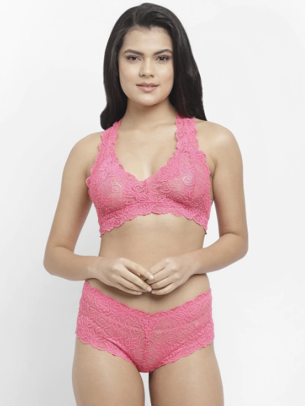 Deevaz Women's Non-padded Non-wired Bridal Lace Bralette & Brief set in Baby Pink Colour.