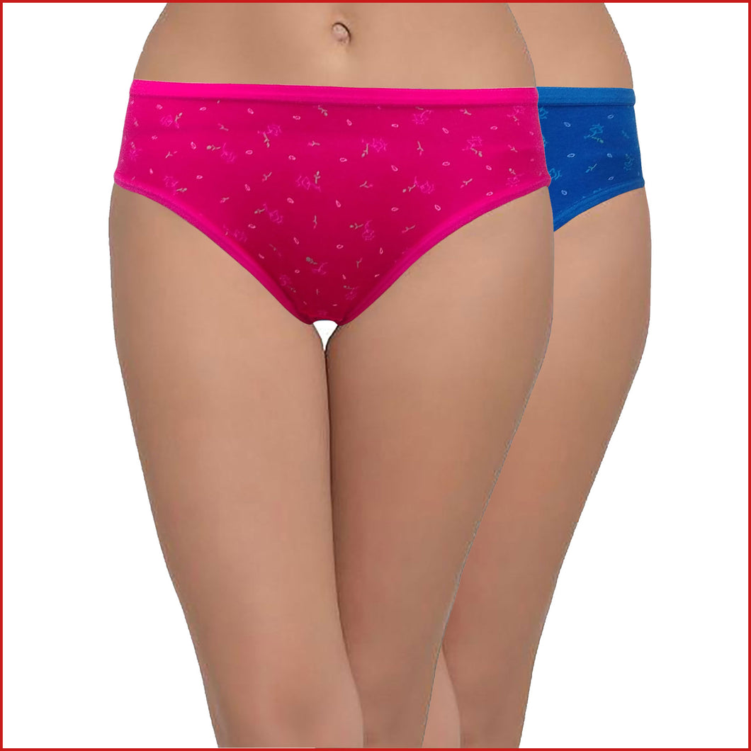 Cotton Mid Waist Printed Hipster Panty Combo of 2 in Blue and Magenta