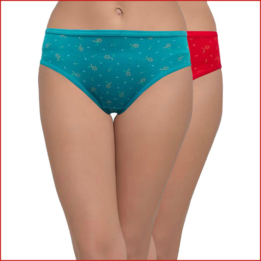 Cotton Mid Waist Printed Hipster Panty Combo of 2 in Green & Red