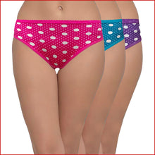 Load image into Gallery viewer, Deevaz Cotton Rich Mid Waist Printed Hipster Panty Combo of 3 in Pink, Blue &amp; Purple Colour.