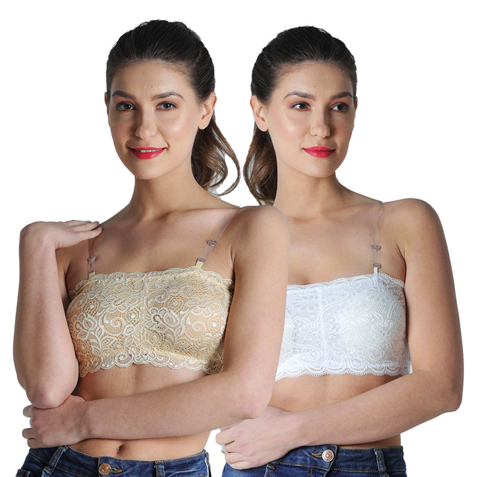 Deevaz Combo Of 2 Padded Tube Bra In Skin & White Poly-Lace Fabric With Removable Transparent Straps.