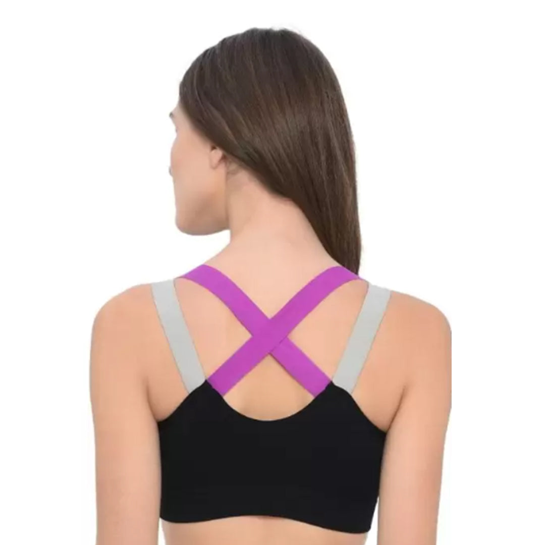 Deevaz Medium Impact Padded Non-Wired Sports Bra In Combo of 2 Carrot Pink & Black Colour With Neon Cross Back Strap Detailing.