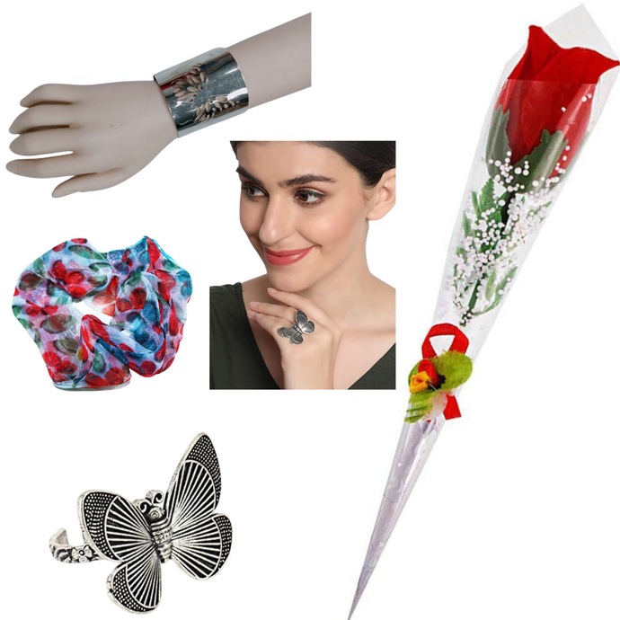 Deevaz Valentine Gift Set Artificial Flower, Scrunchie, Ring, Bracelet